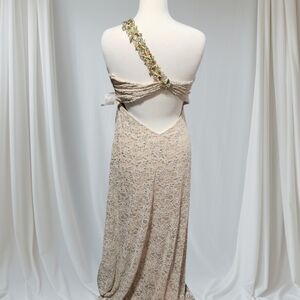 David's Bridal Tan One-Shoulder Gown with Floral Accents